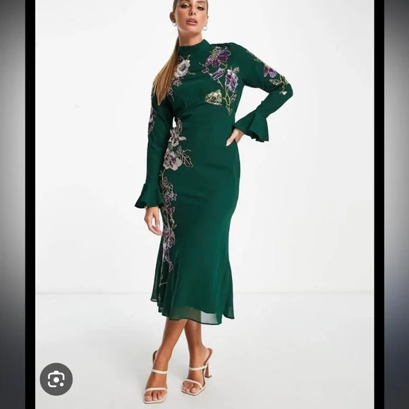ASOS Green Midi Dress with Pink & Purple Floral Embroidery - Picture 3 of 15